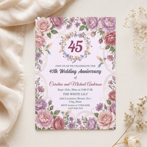 45th Sapphire Wedding Anniversary Hummingbirds Invitation