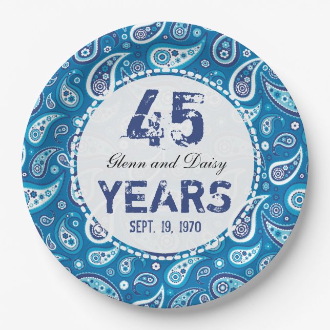45th Sapphire Wedding Anniversary Paisley Pattern Paper Plates (Front)