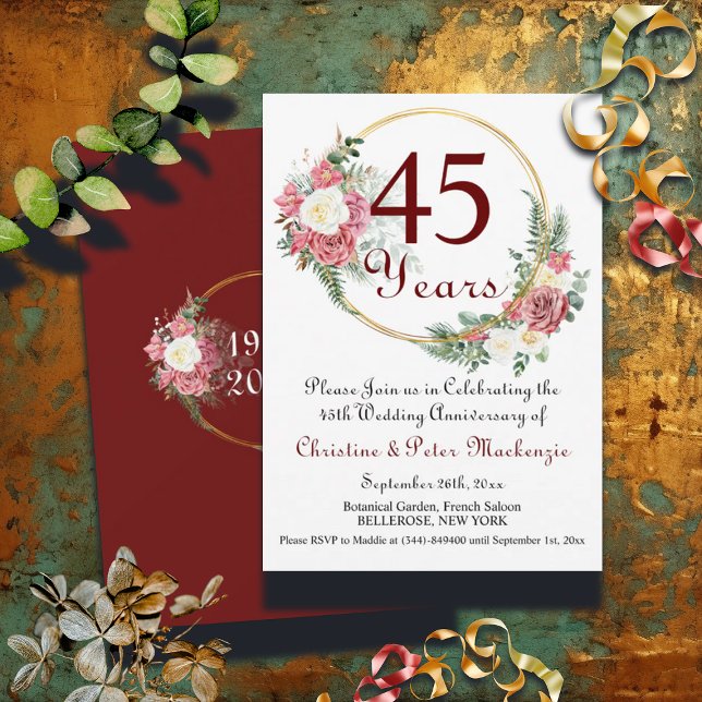 45th Sapphire Wedding Anniversary Roses Gold Frame Invitation (Creator Uploaded)