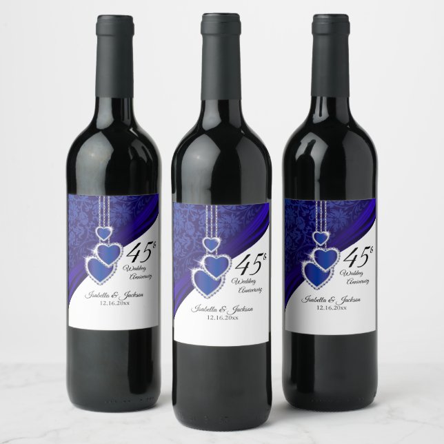 45th Sapphire Wedding Anniversary Wine Label (Bottles)