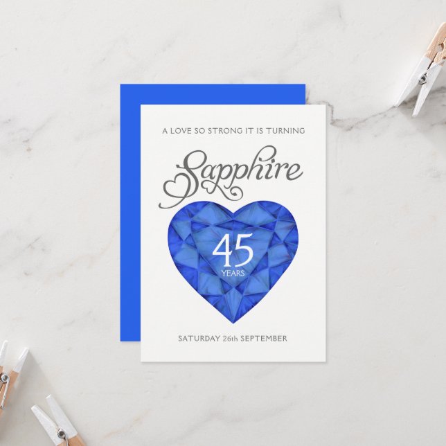 45th Sapphire wedding strong heart watercolor blue Invitation (Front/Back In Situ)