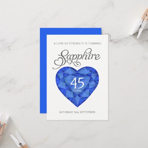 45th Sapphire wedding strong heart watercolor blue Invitation