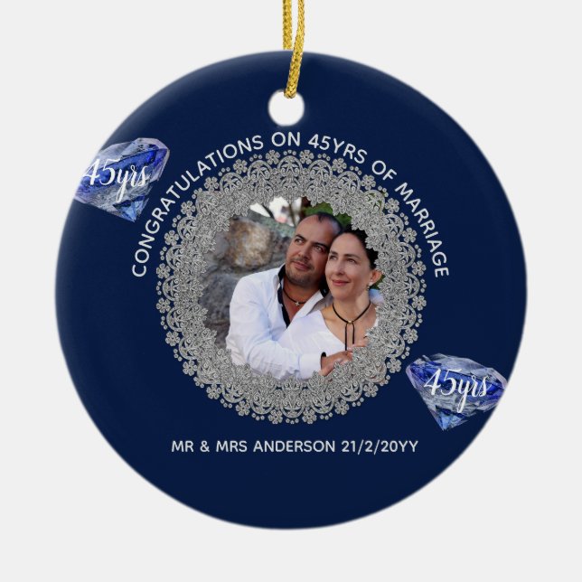 45th Wedding Anniversary - ADD PHOTO Sapphire Blue Ceramic Ornament (Front)