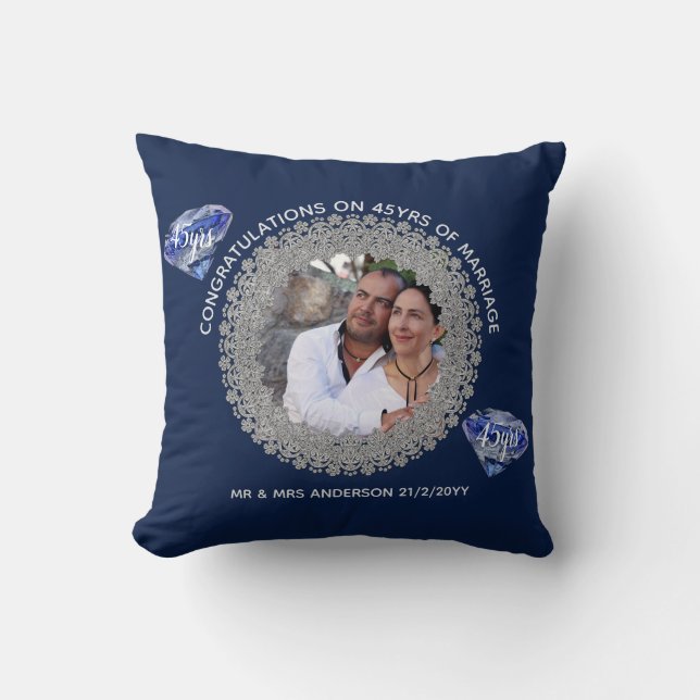 45th Wedding Anniversary - ADD PHOTO Sapphire Blue Throw Pillow (Front)