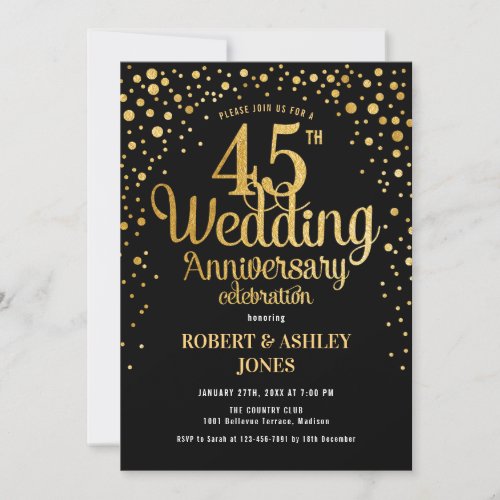 45th Wedding Anniversary _ Black  Gold Invitation