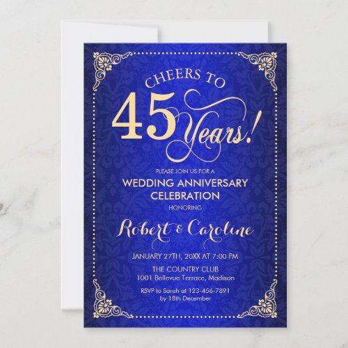 45th Wedding Anniversary _ Blue Gold Damask Invitation