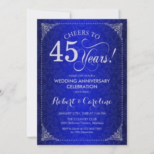 45th Wedding Anniversary _ Blue Silver Damask Invitation