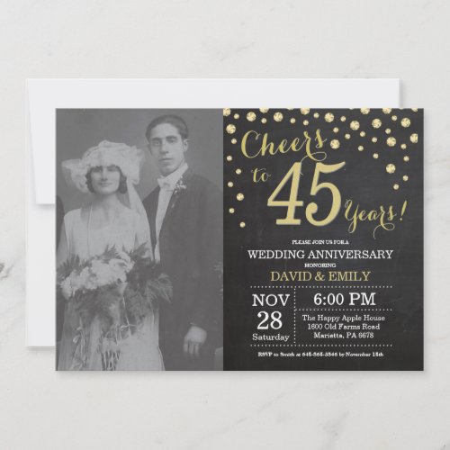 45th Wedding Anniversary Chalkboard Black and Gold Invitation