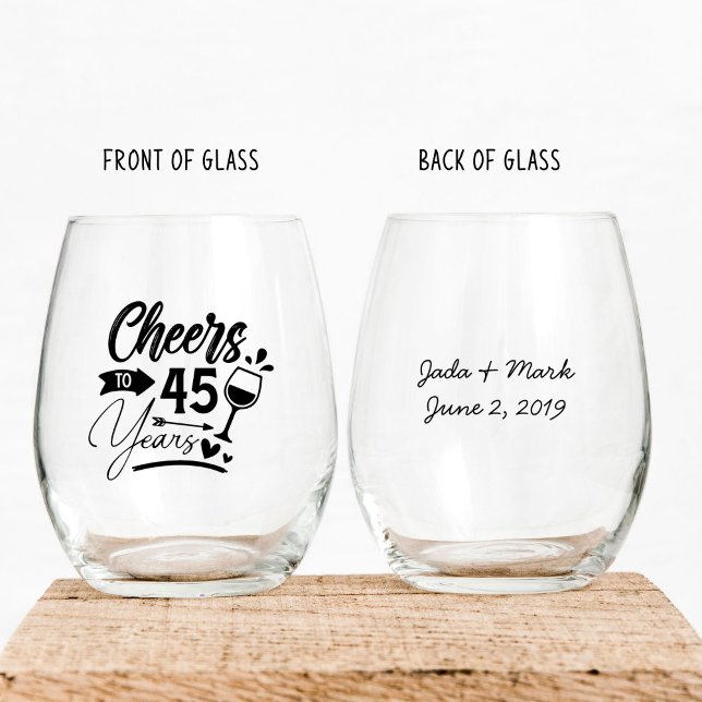 45th Wedding Anniversary Elegant Celebration Stemless Wine Glass (stemless wine glass for a 45th wedding anniversary that says cheers to 45 years customized with name)