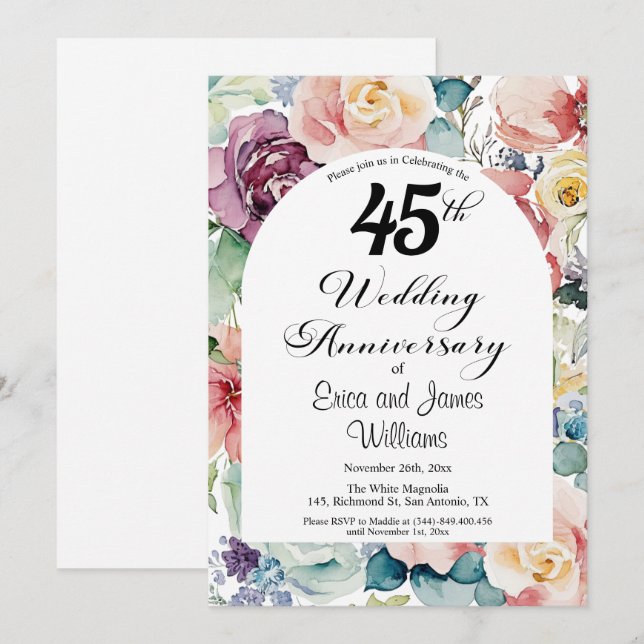 45th Wedding Anniversary Elegant Script Floral Invitation (Front/Back)
