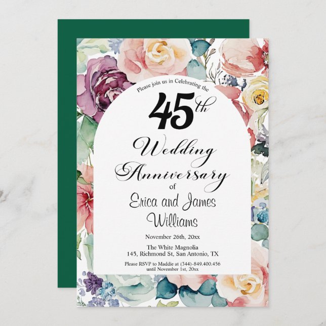 45th Wedding Anniversary Elegant Script Floral Invitation (Front/Back)
