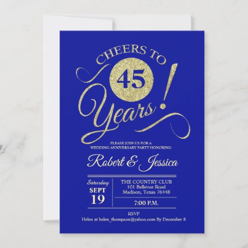 45th Wedding Anniversary Gold Blue Sapphire Invitation