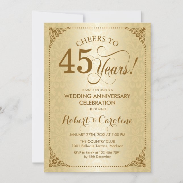 45th Wedding Anniversary - Gold Damask Invitation (Front)