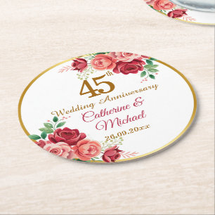 45th Wedding Anniversary Gold Frame Floral Round Paper Coaster