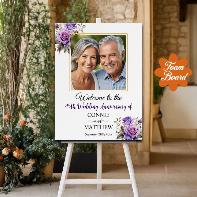 45th Wedding Anniversary Gold Frame Purple Roses Foam Board (Creator Uploaded)