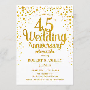 45th Wedding Anniversary - Gold & White Invitation