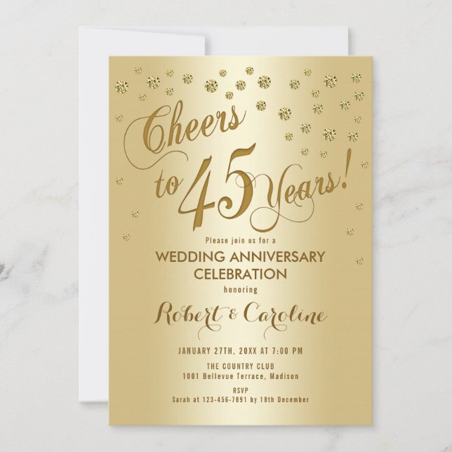 45th Wedding Anniversary Invitation in Gold (Front)