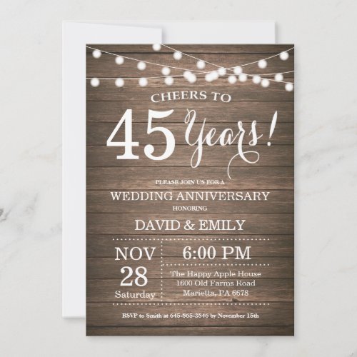 45th Wedding Anniversary Invitation Rustic Wood