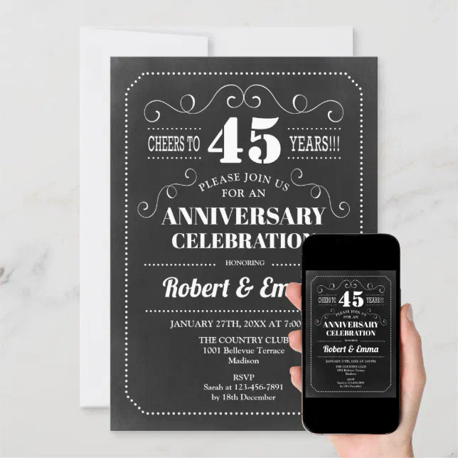 45th Wedding Anniversary Party - Chalkboard Invitation | Zazzle