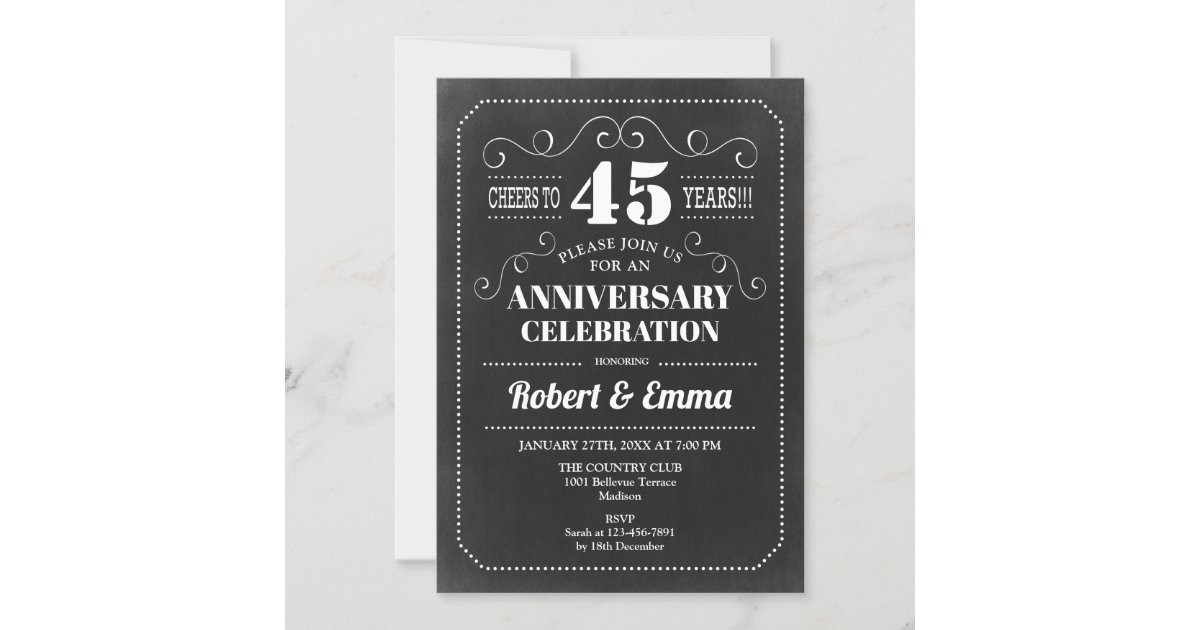 45th Wedding Anniversary Party - Chalkboard Invitation | Zazzle