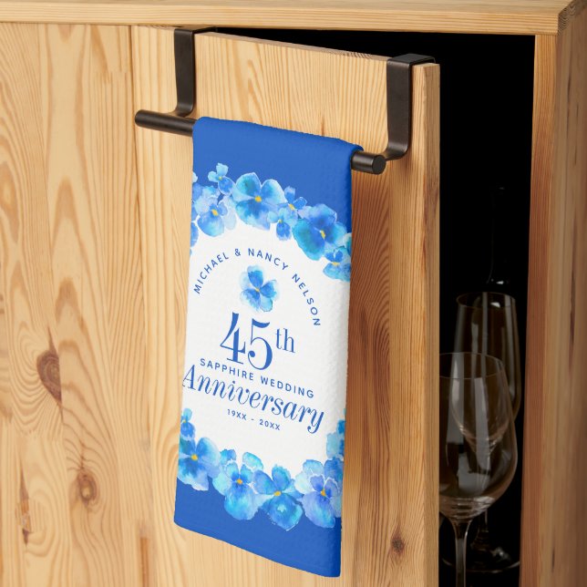45th wedding anniversary party sapphire blue pansy kitchen towel (Thirds Fold)