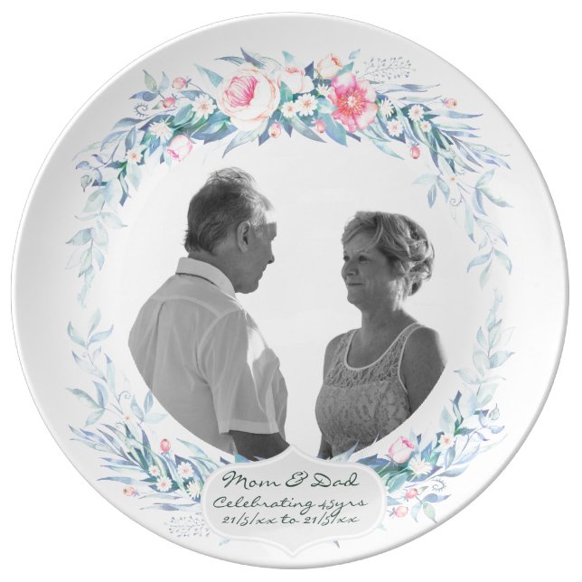 45th Wedding Anniversary PHOTO Floral Flowers Porcelain Plate (Front)