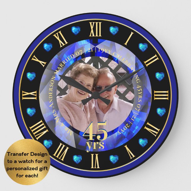 45th Wedding Anniversary PHOTO Gift Sapphire Blue Large Clock (Creator Uploaded)