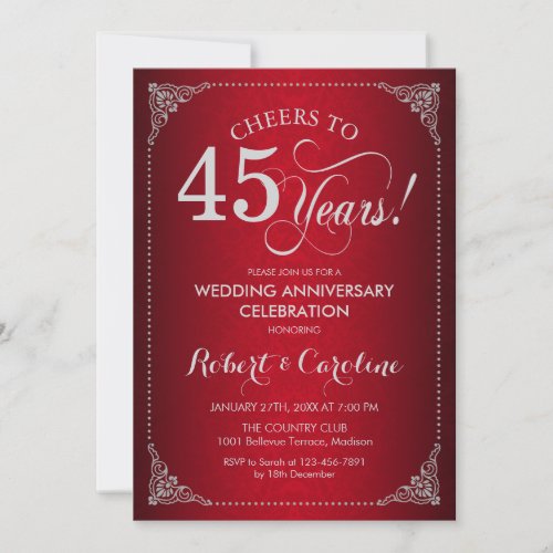 45th Wedding Anniversary _ Red Silver Damask Invitation