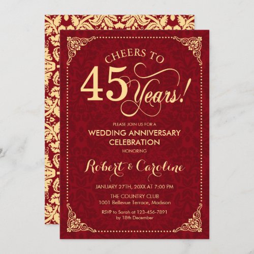 45th Wedding Anniversary _ Ruby Red Gold Damask Invitation
