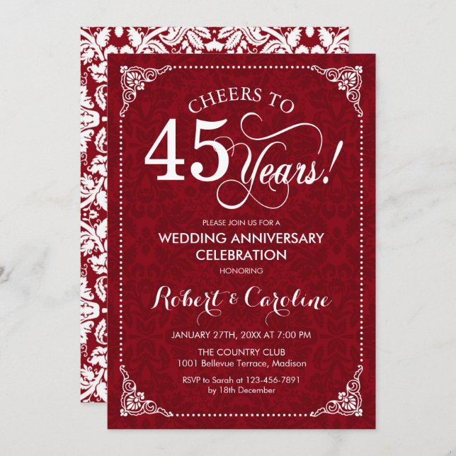 45th Wedding Anniversary - Ruby Red White Damask Invitation (Front/Back)