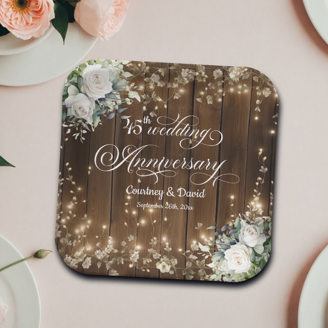 45th Wedding Anniversary Rustic String Lights  Paper Plates (Creator Uploaded)