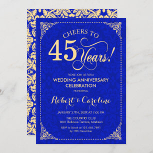 45th Wedding Anniversary Sapphire Blue Gold Damask Invitation