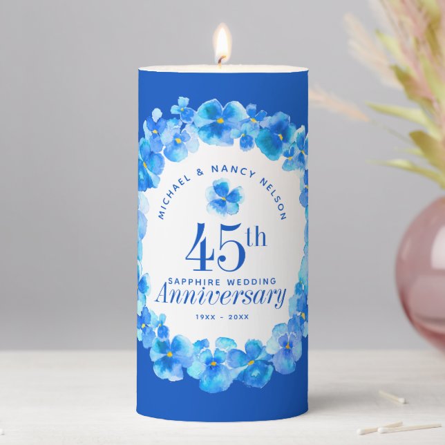 45th wedding anniversary sapphire blue pansy pillar candle (In Situ)