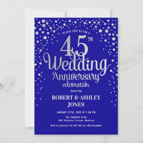 45th Wedding Anniversary _ Sapphire Blue  Silver Invitation