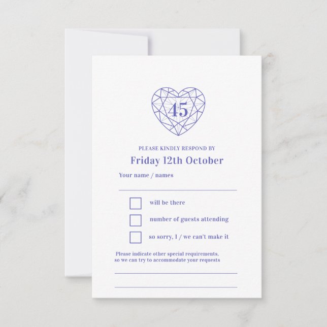 45th wedding anniversary sapphire heart reply RSVP (Front)