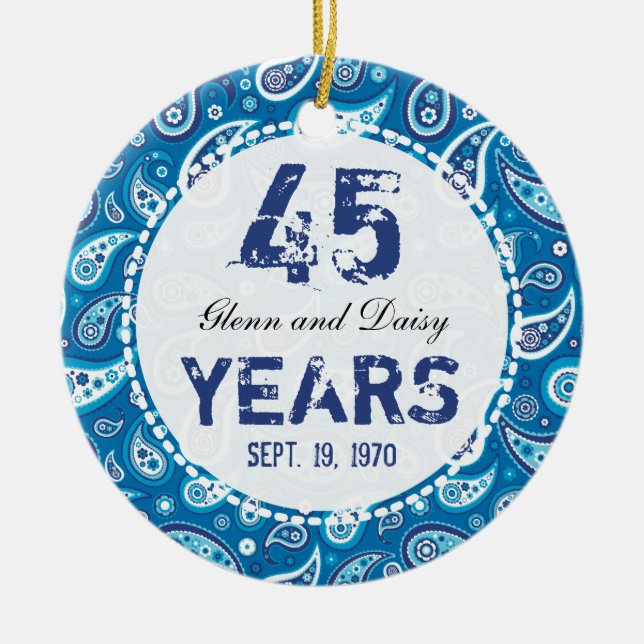 45th Wedding Anniversary Sapphire Paisley Monogram Ceramic Ornament (Front)