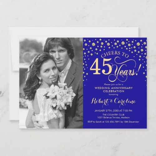 45th Wedding Anniversary with Photo - Gold Blue Invitation