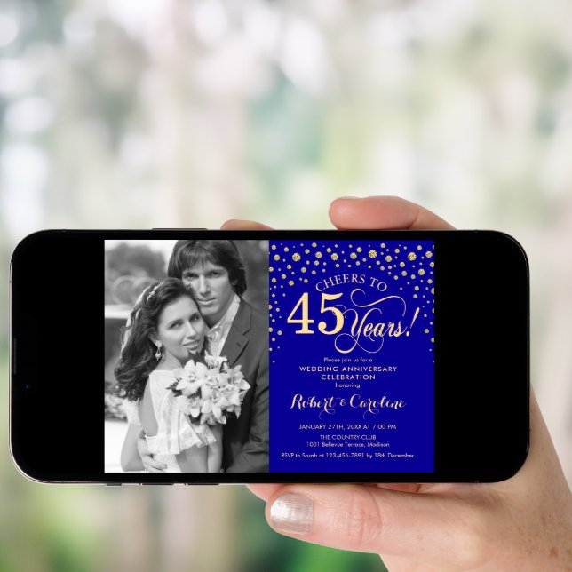 45th Wedding Anniversary with Photo - Gold Blue Invitation (Front Digital)