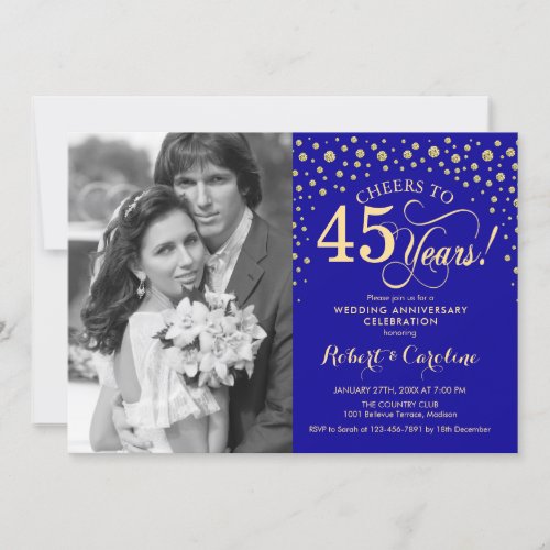 45th Wedding Anniversary with Photo _ Gold Blue Invitation