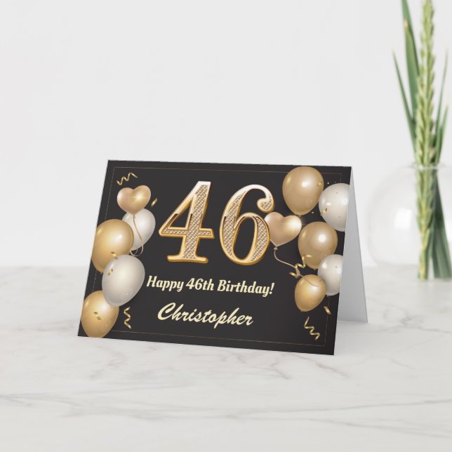 46th Birthday Black and Gold Balloons Birthday Card (Front)