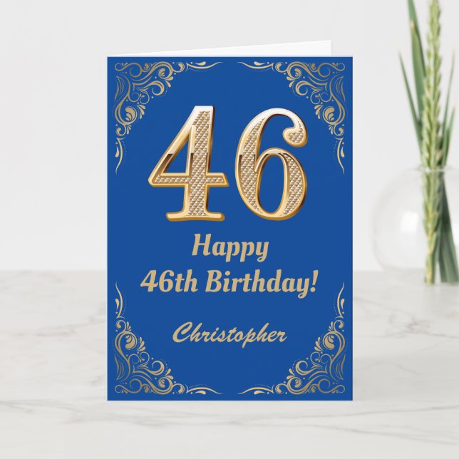 46th Birthday Blue and Gold Glitter Frame Card (Front)
