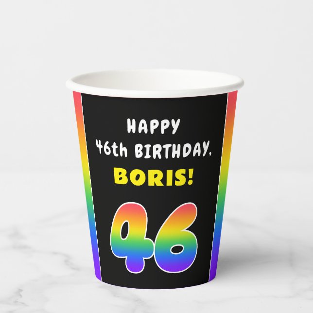 46th Birthday: Colorful Rainbow # 46, Custom Name Paper Cups (Front)