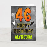 46th Birthday: Eerie Halloween Theme   Custom Name Card<br><div class="desc">The front of this scary and spooky Halloween themed birthday greeting card design features a large number “46”, along with the message “HAPPY BIRTHDAY, ”, and a custom name. There are also depictions of a ghost and a bat on the front. The inside features a personalized birthday greeting message, or...</div>