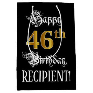 46th Birthday ~ Fancy Script; Faux Gold Look; Name Medium Gift Bag