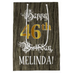[ Thumbnail: 46th Birthday: Faux Gold Look & Faux Wood Pattern Gift Bag ]