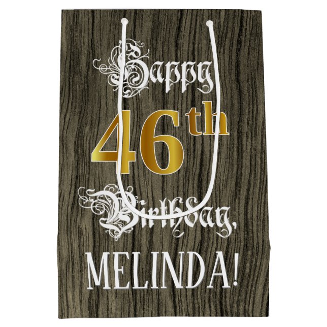 46th Birthday: Faux Gold Look & Faux Wood Pattern Medium Gift Bag (Back)