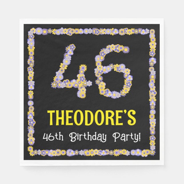 46th Birthday: Floral Flowers Number, Custom Name Napkins (Front)