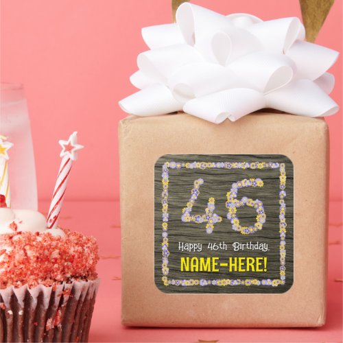 46th Birthday Floral Number Faux Wood Look Name Square Sticker