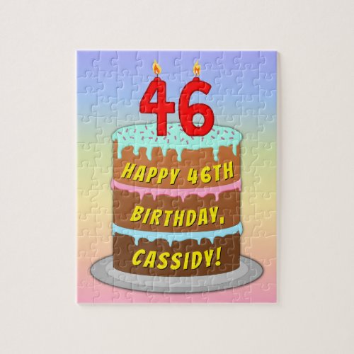 46th Birthday Fun Cake and Candles  Custom Name Jigsaw Puzzle