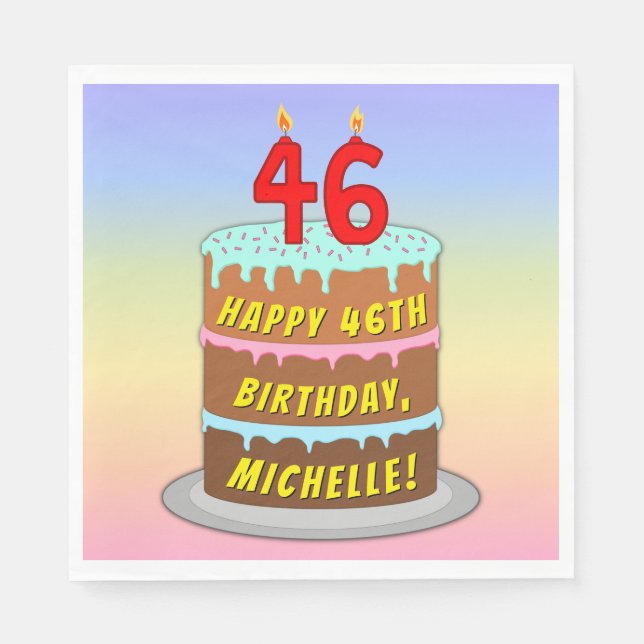 46th Birthday: Fun Cake and Candles + Custom Name Napkins (Front)